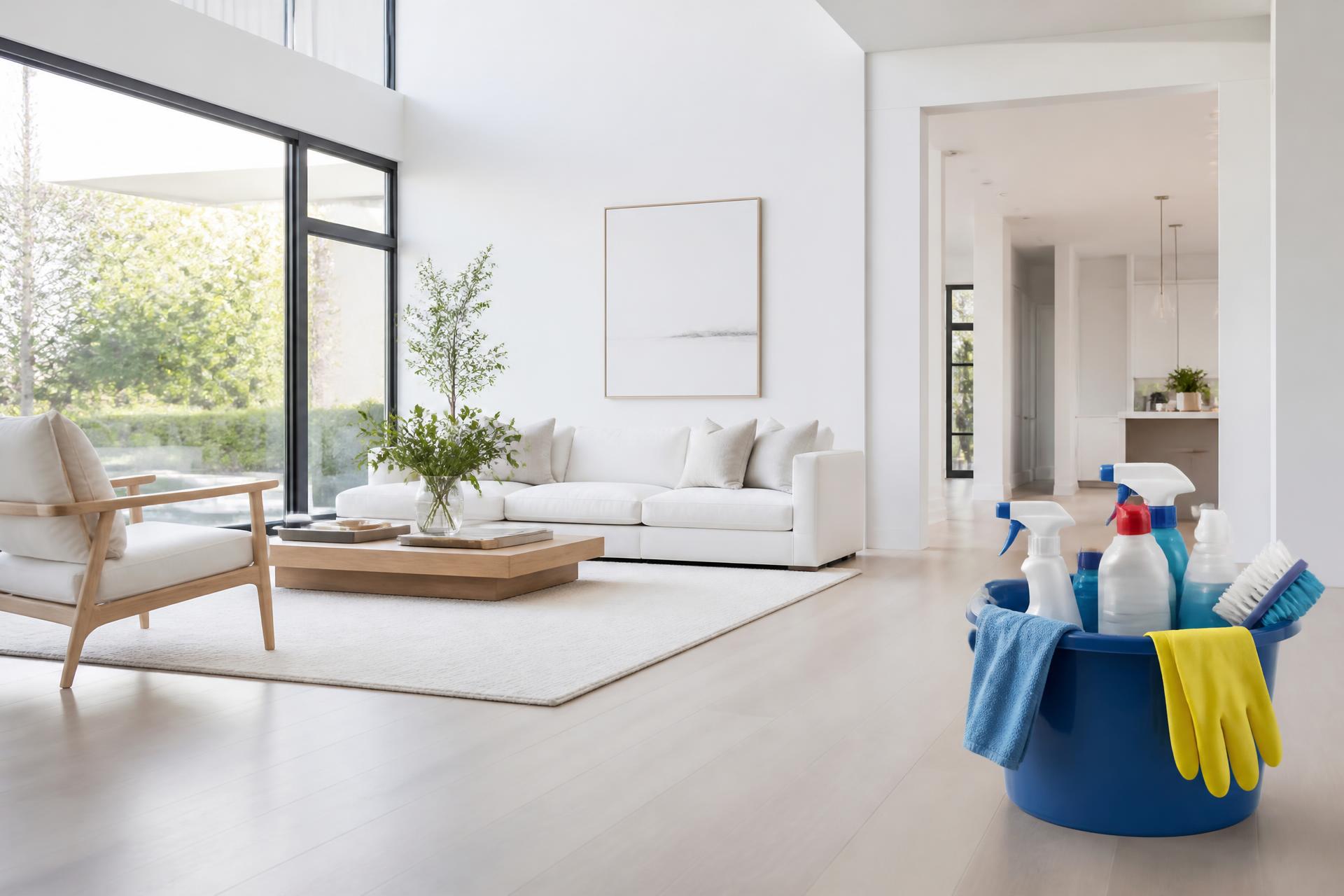 Salon moderne très lumineux parfaitement nettoyé avec seau de nettoyage MDS42